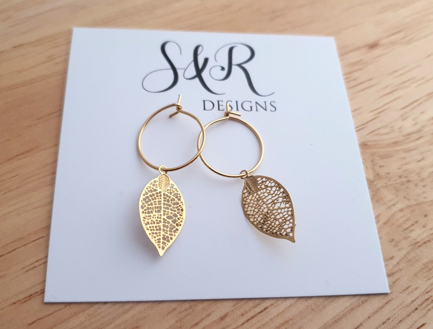 Gold Dainty Leaf Dangle Drop Earrings, Stainless Steel Dangle Choose Thread Earrings, Hook, Hoops or Leverback Earrings.