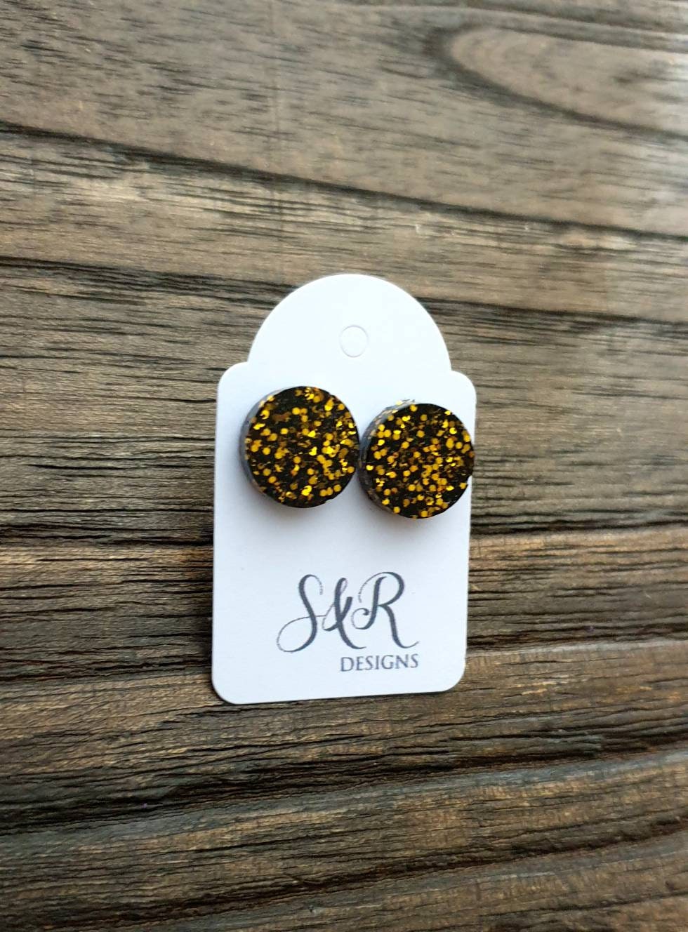 Circle Dot Resin Stud Earrings, Black Gold Glitter Earrings. Stainless Steel Stud Earrings. 8mm, 10mm, 12mm or 15mm
