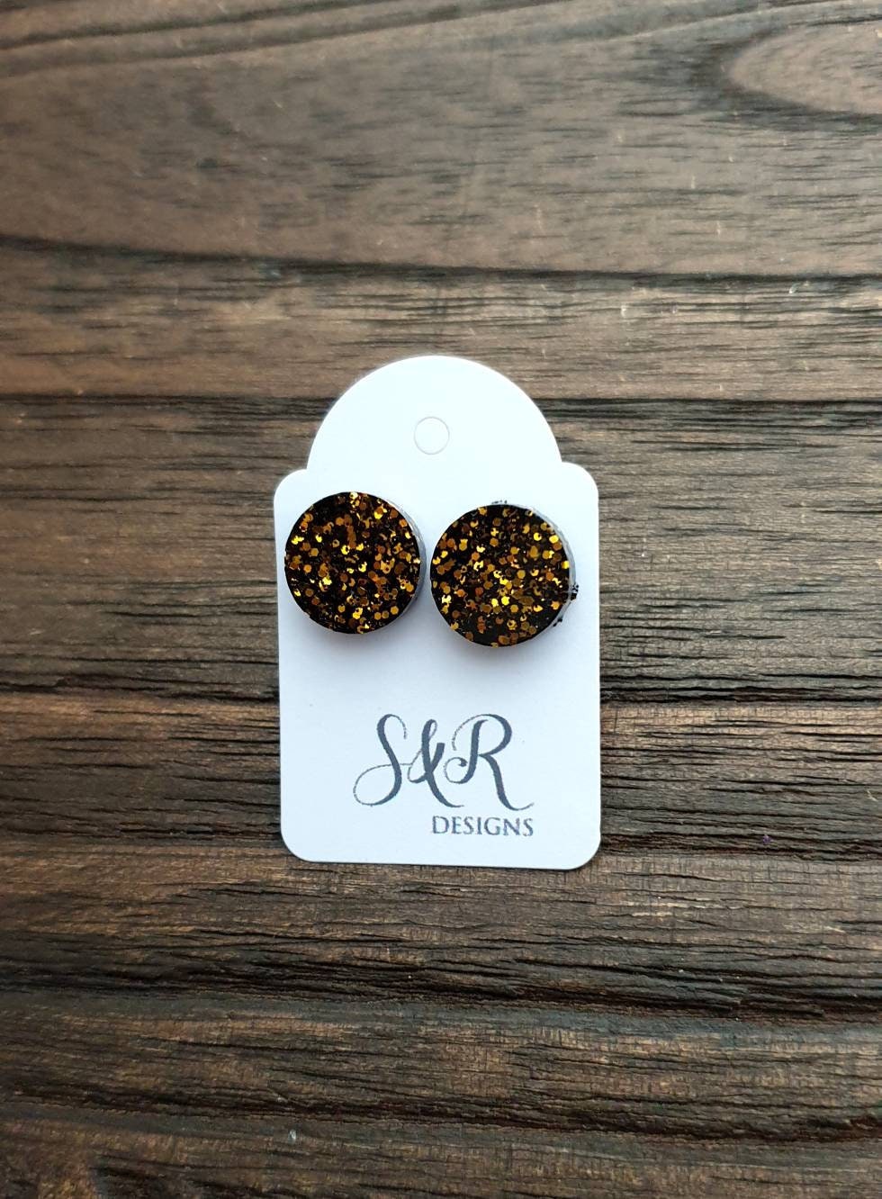 Circle Dot Resin Stud Earrings, Black Gold Glitter Earrings. Stainless Steel Stud Earrings. 8mm, 10mm, 12mm or 15mm