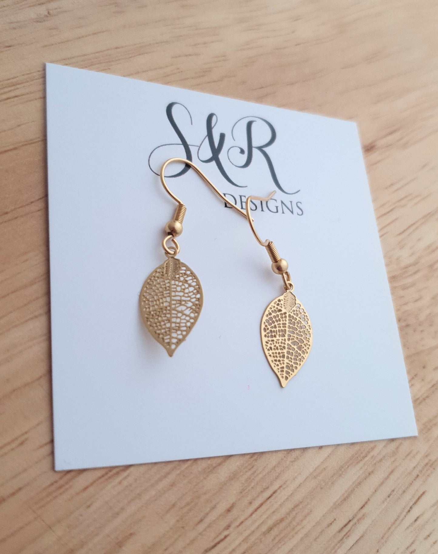 Gold Dainty Leaf Dangle Drop Earrings, Stainless Steel Dangle Choose Thread Earrings, Hook, Hoops or Leverback Earrings.