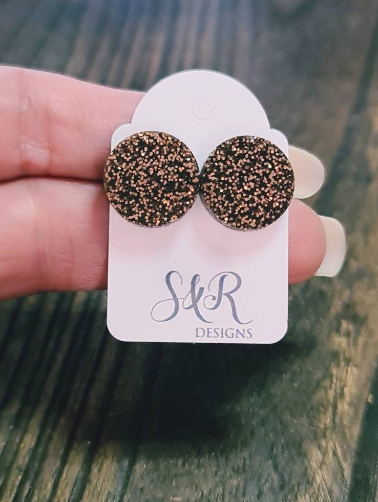 Black Copper Glitter Circle Stud Earrings, Acrylic Earrings, Stainless Steel Earrings. 15mm