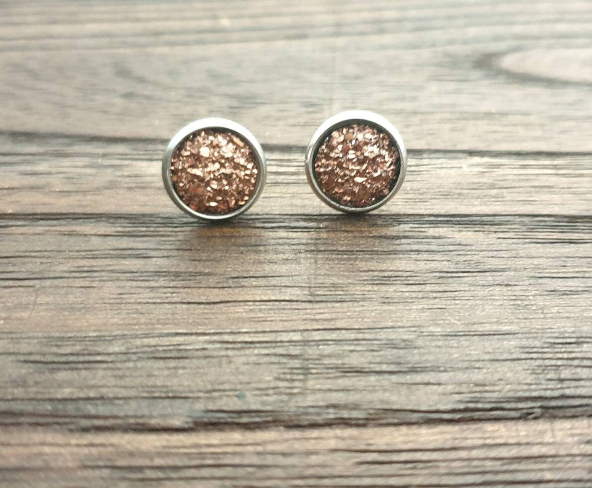 Rose Gold Faux Druzy Stud Earrings, Stainless Steel Earrings 10mm