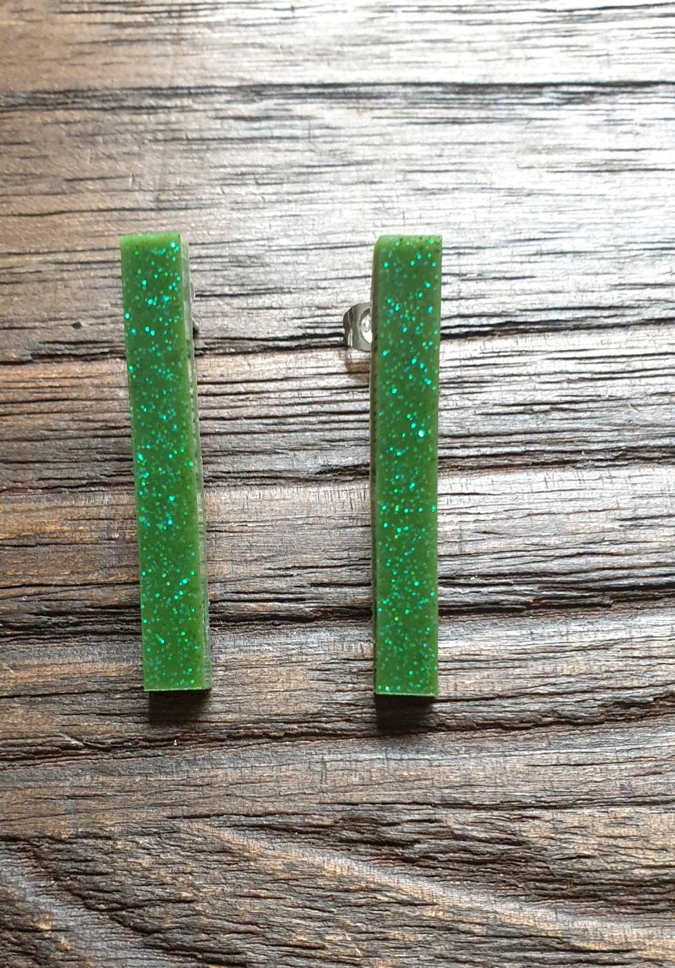Long Bar Earrings, Green Glitter Earrings, Bar Resin Earrings, Stainless Steel Earrings, Statement Earrings