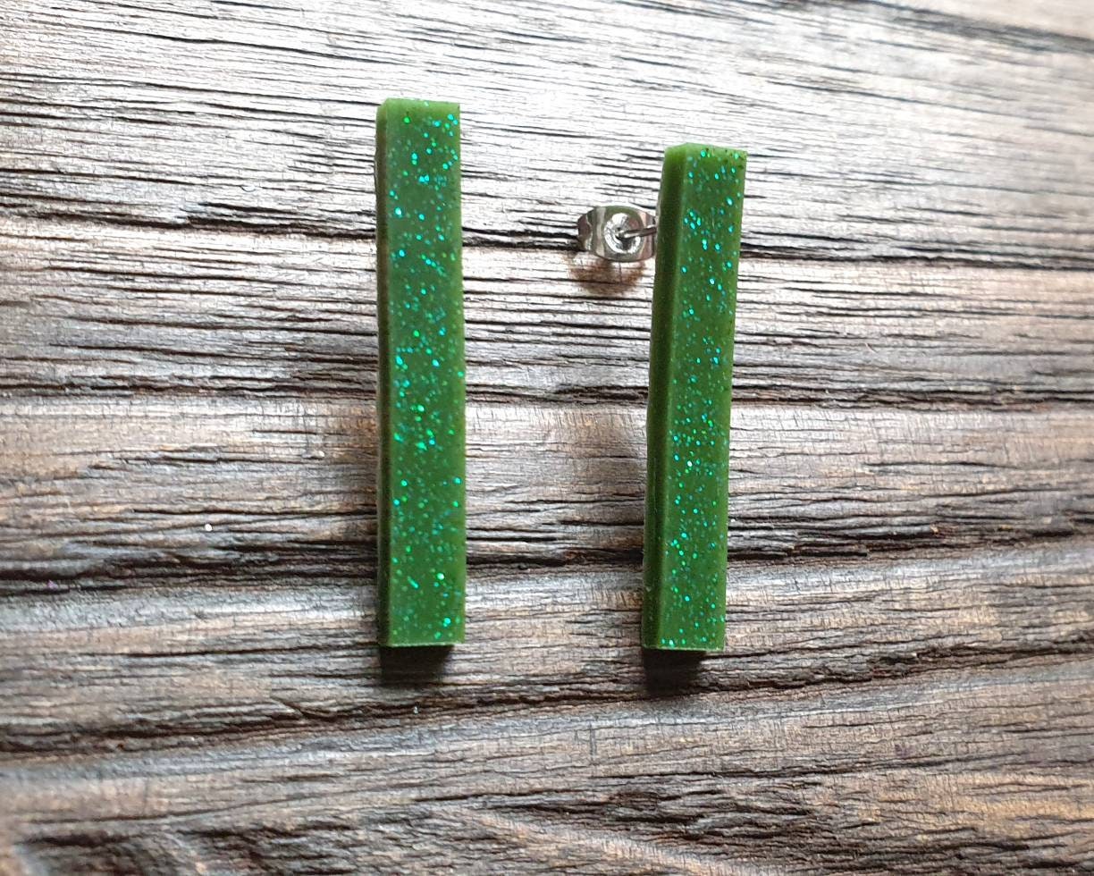 Long Bar Earrings, Green Glitter Earrings, Bar Resin Earrings, Stainless Steel Earrings, Statement Earrings