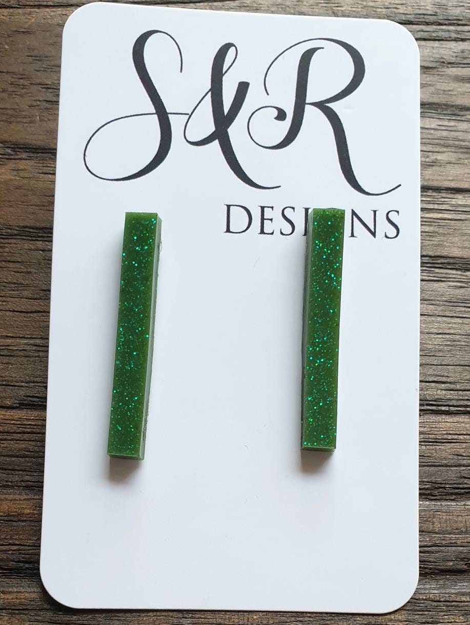 Long Bar Earrings, Green Glitter Earrings, Bar Resin Earrings, Stainless Steel Earrings, Statement Earrings