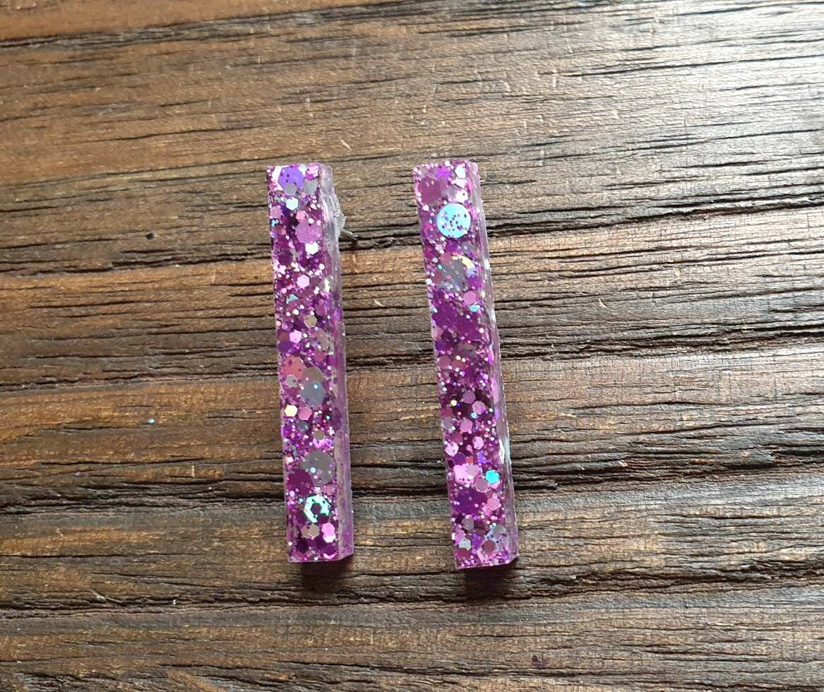 Long Bar Stud Earrings, Purple Silver Holographic Glitter Earrings, Bar Resin Dangle Earrings, Stainless Steel Earrings, Statement Earrings