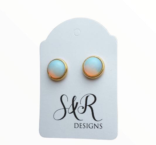 Opal Faux Stud Earrings, Gold Stainless Steel Stud Earrings. 8mm, Choose Gold Bezel or Silver Bezel