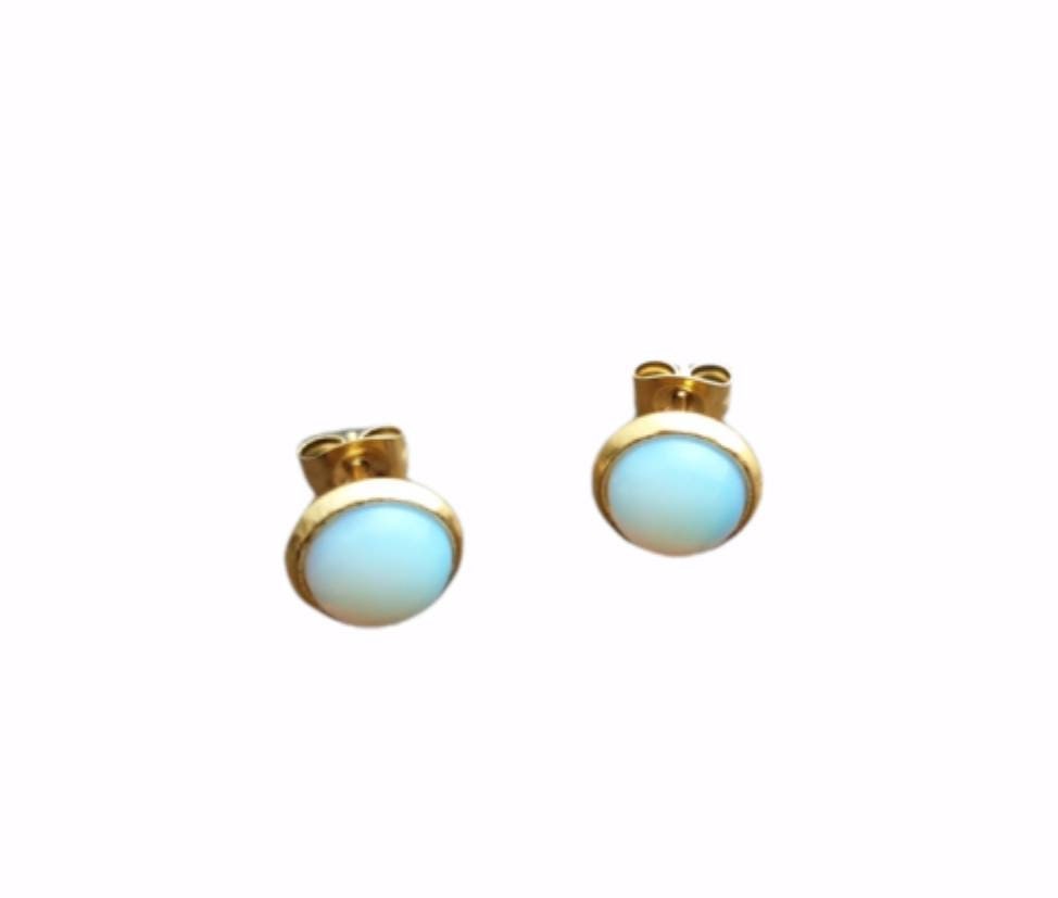 Opal Faux Stud Earrings, Gold Stainless Steel Stud Earrings. 8mm, Choose Gold Bezel or Silver Bezel