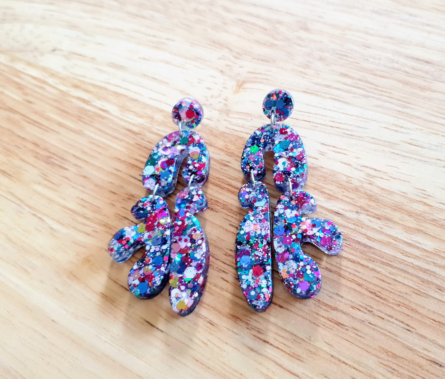 Unique Multicoloured Multi Shape Dangle Drop Earrings, Blue Red Pink White Teal Yellow Mix Glitter, Statement Handmade Resin Earrings