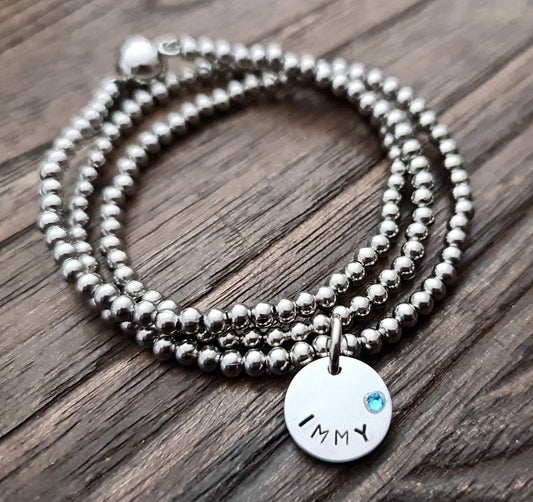 Personalised Birthstone Bracelet, Hand stamped Triple wrap ball bracelet, personalised birthstone charm bracelet, Magnetic Bracelet Necklace