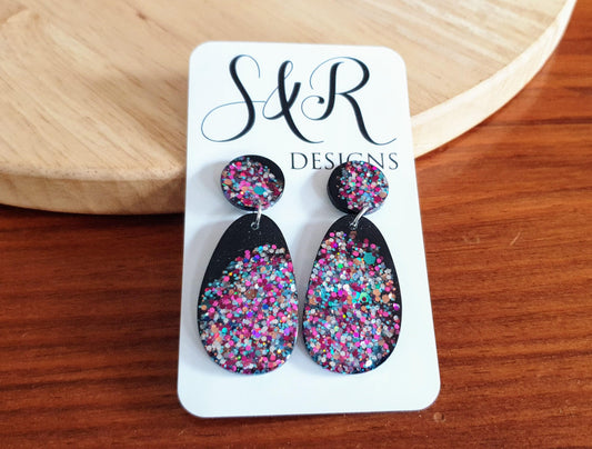 Black Drop Earrings, Multicoloured Oval Organic Shape Earrings, Black Multicoloured Glitter, Resin Handmade, Stainless Steel. Gift for Her.