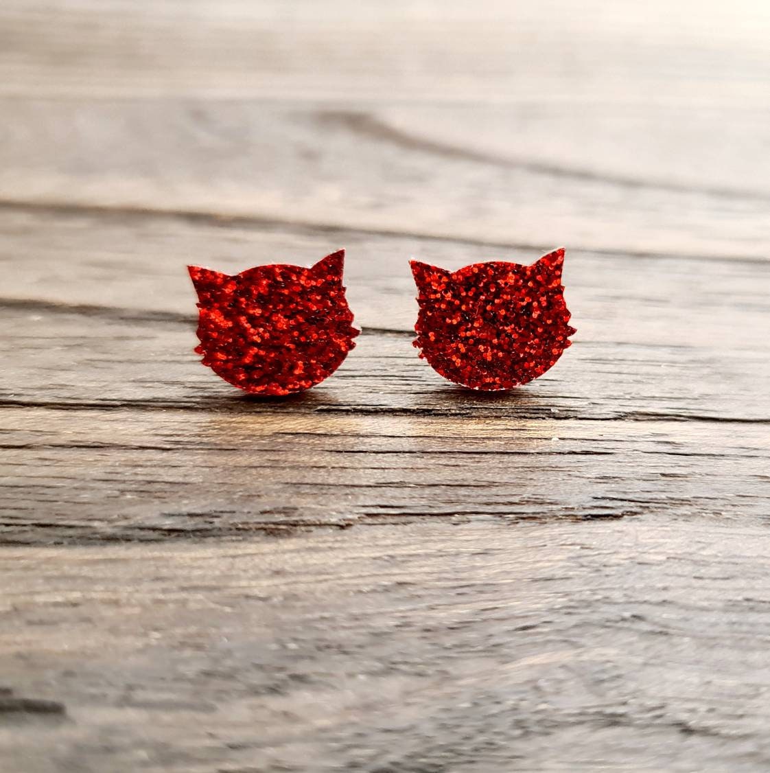 Red Cat Earrings, Cat Resin Stud Earrings, Red Glitter Cat Glitter Earrings made with Stainless Steel.