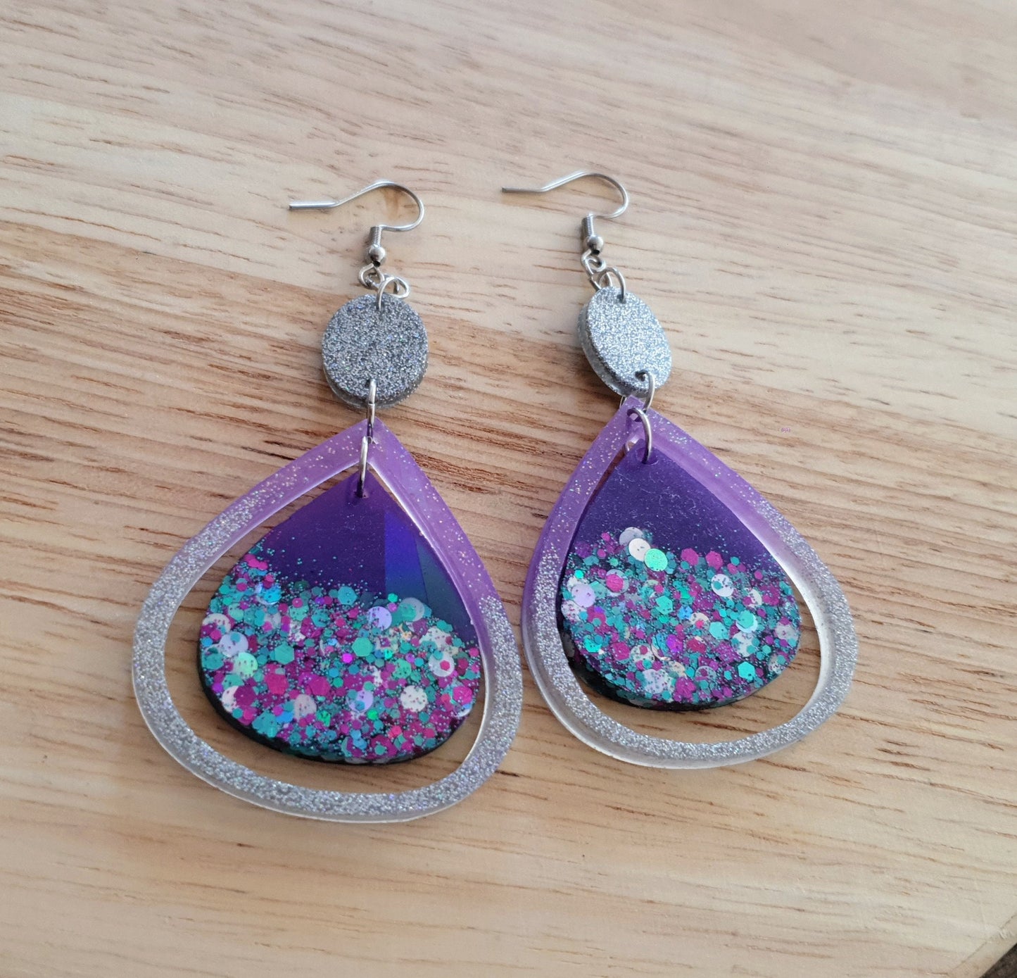 Holographic Double Teardrop Long Hook Earrings, Purple, Teal and Silver Glitter Resin Dangles, Stainless Steel Earrings, Statement Earrings