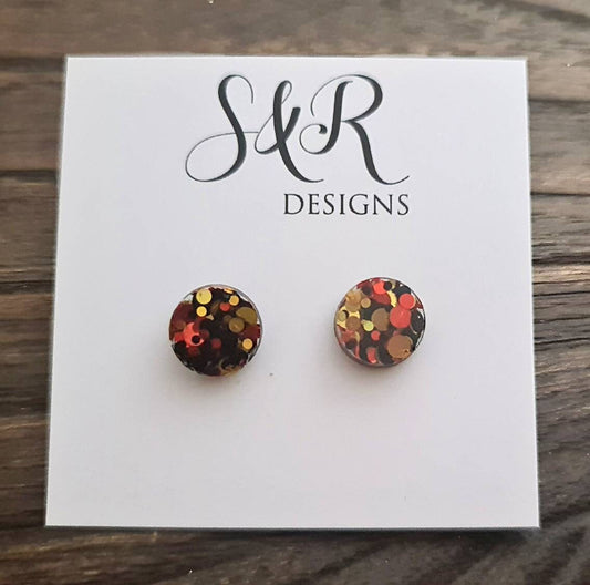 Circle Dot Resin Autumn Stud Earrings, Orange Gold Black Glitter Earrings, Stainless Steel Minimalis Studs. 15mm, 12mm, 10mm or 8mm