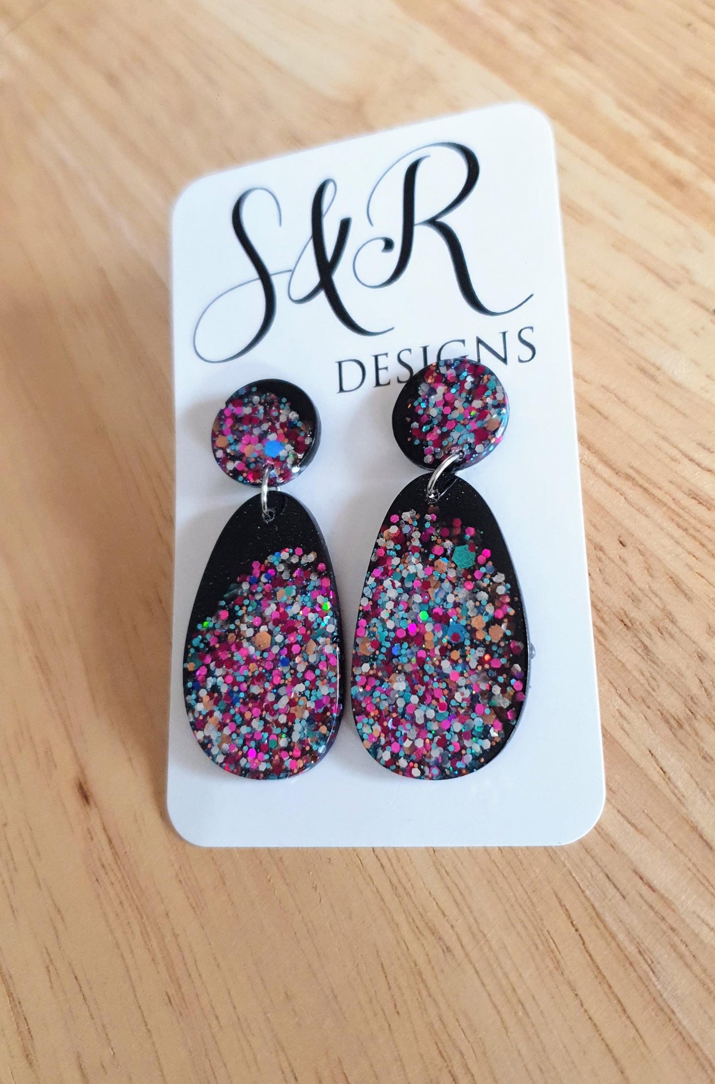 Black Drop Earrings, Multicoloured Oval Organic Shape Earrings, Black Multicoloured Glitter, Resin Handmade, Stainless Steel. Gift for Her.