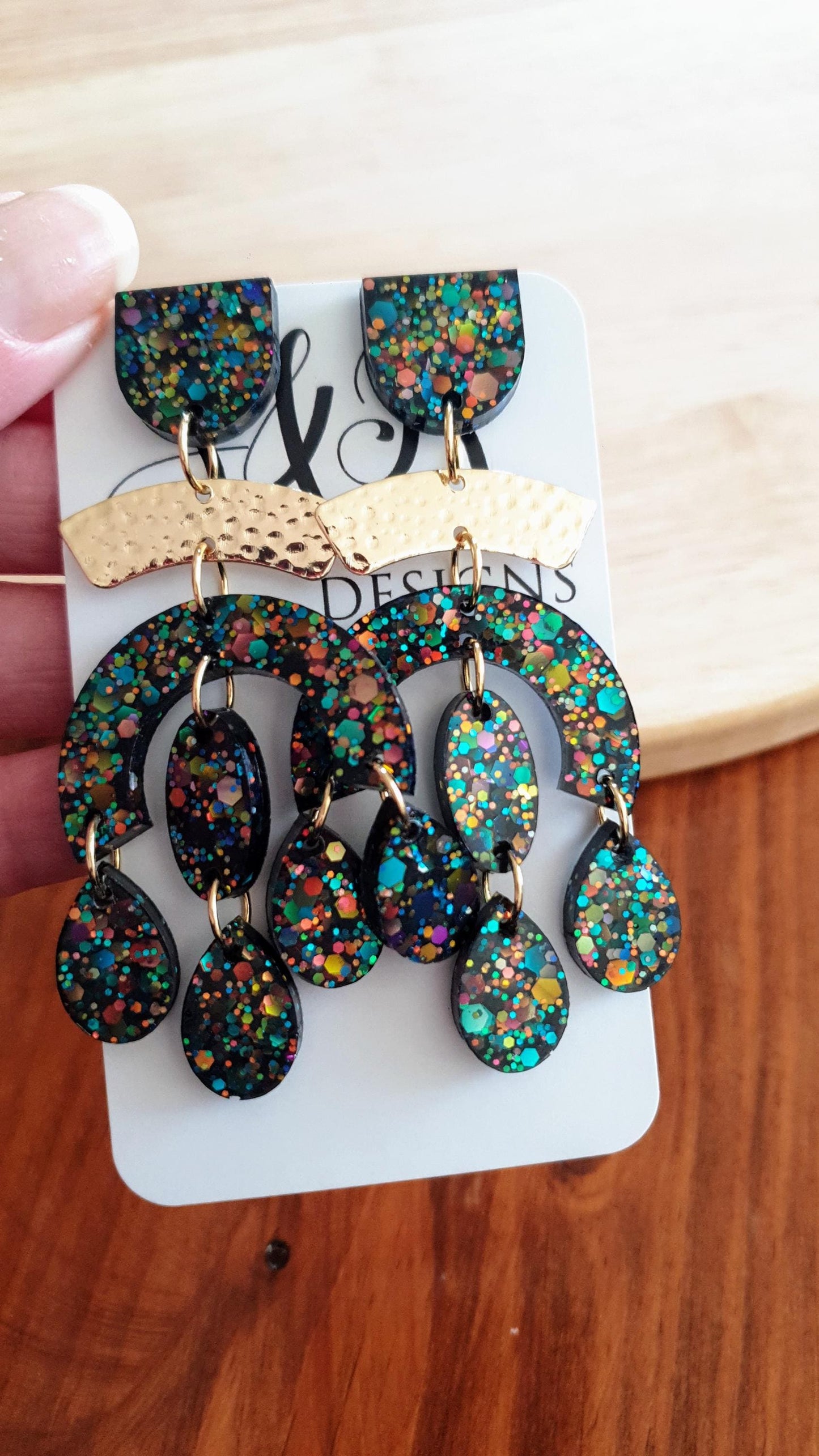 Black Rainbow Oversized Chandelier With Hammered Arch Dangle Earrings, Black Rainbow Chunky Glitter Dangles, Statement Long Glitter Earrings