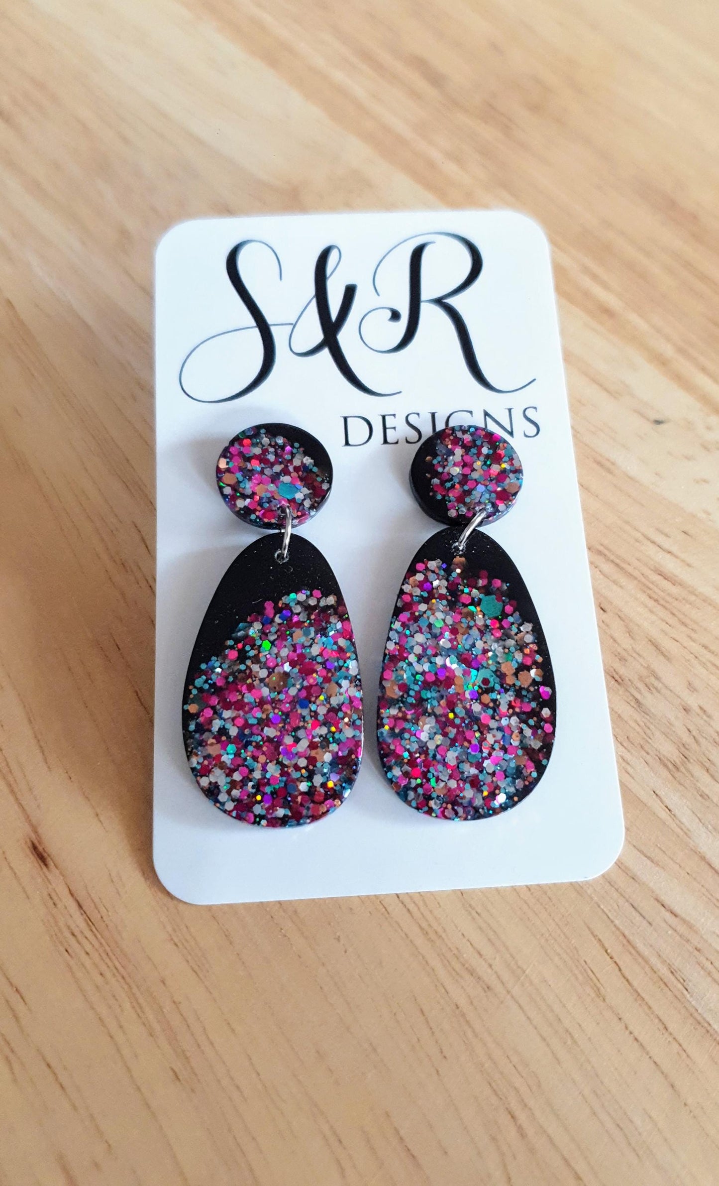 Black Drop Earrings, Multicoloured Oval Organic Shape Earrings, Black Multicoloured Glitter, Resin Handmade, Stainless Steel. Gift for Her.