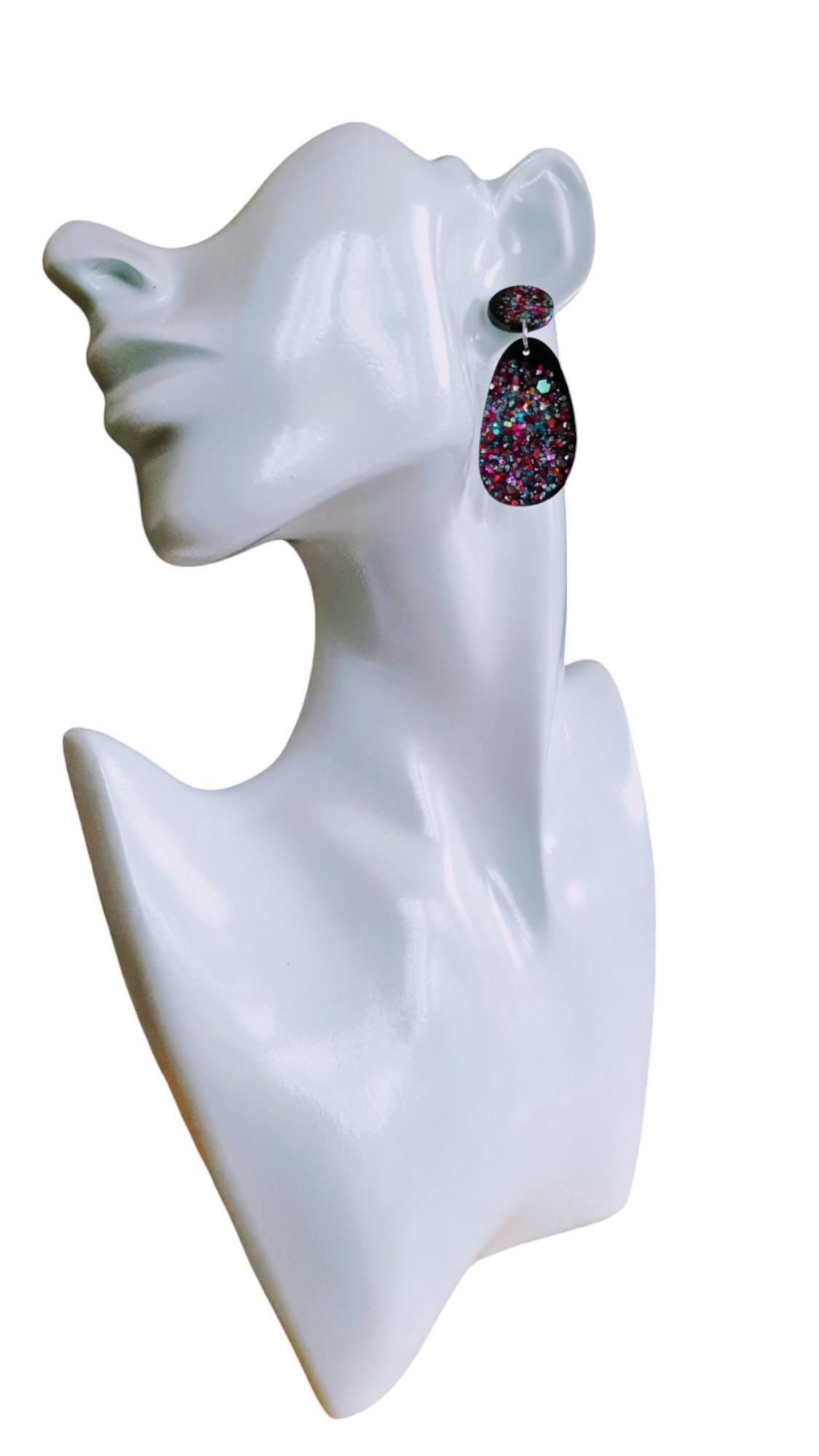 Black Drop Earrings, Multicoloured Oval Organic Shape Earrings, Black Multicoloured Glitter, Resin Handmade, Stainless Steel. Gift for Her.
