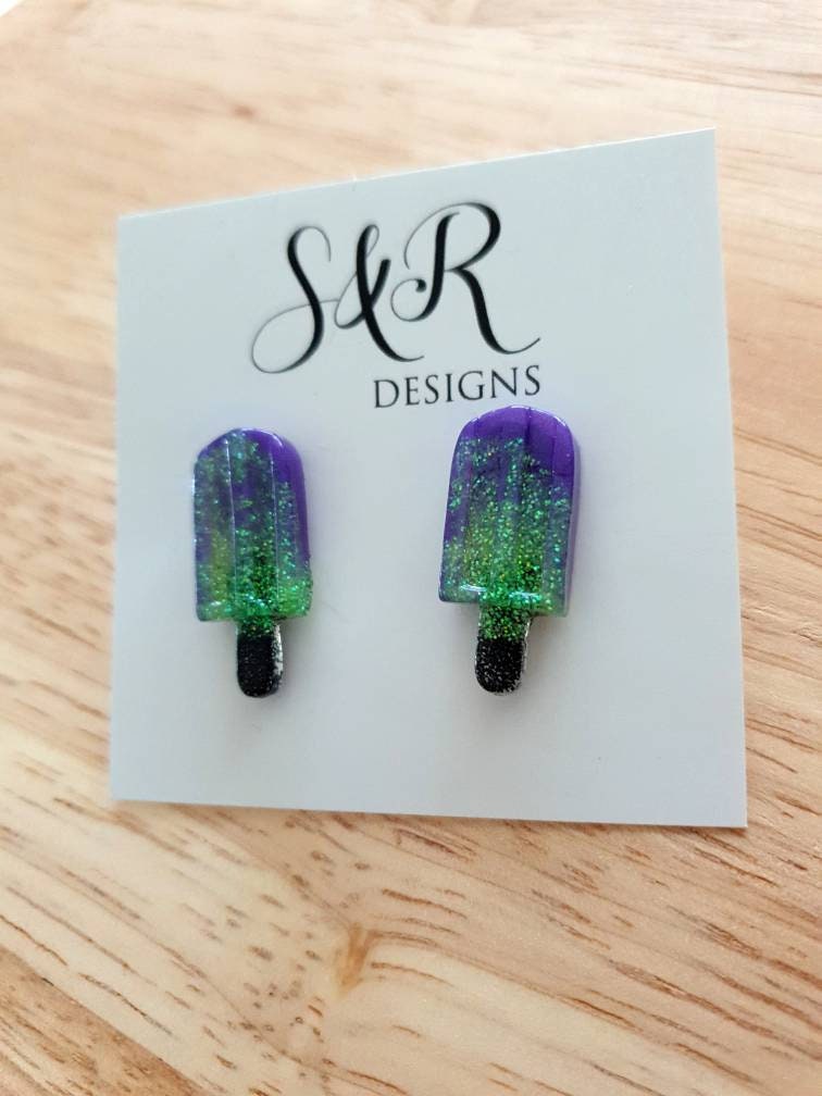 Putple Icy Pole Stud Earrings, Purple, Green, Black Glitter Ice Cream Earrings, Statement Food Lover Earrings