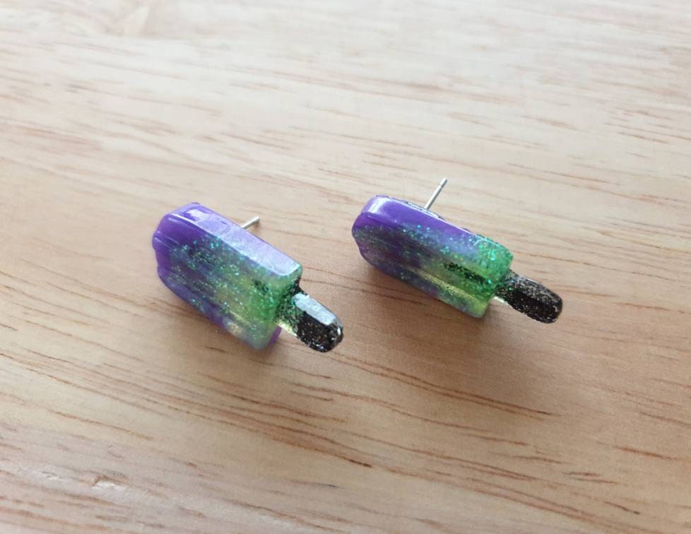 Putple Icy Pole Stud Earrings, Purple, Green, Black Glitter Ice Cream Earrings, Statement Food Lover Earrings
