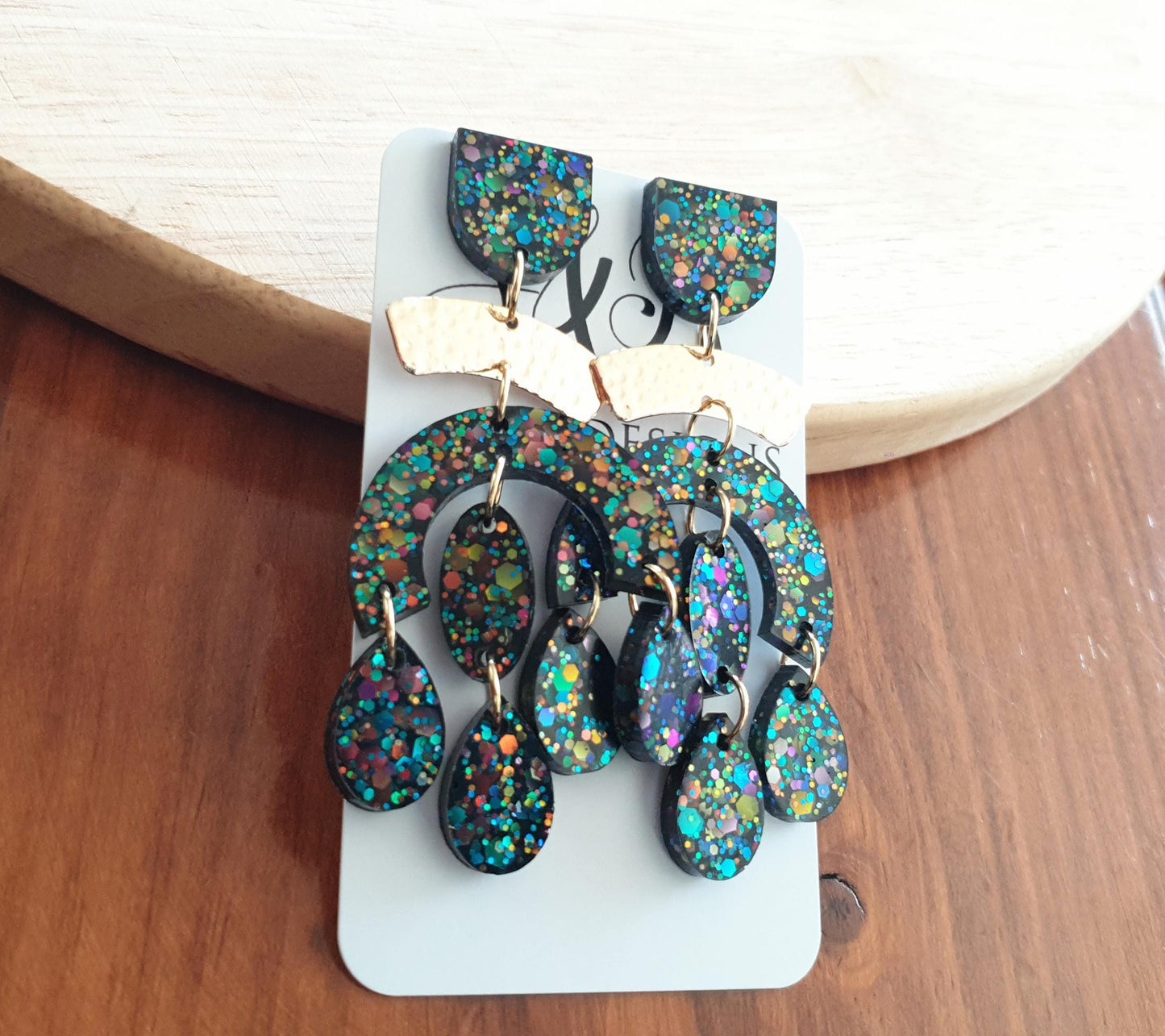 Black Rainbow Oversized Chandelier With Hammered Arch Dangle Earrings, Black Rainbow Chunky Glitter Dangles, Statement Long Glitter Earrings