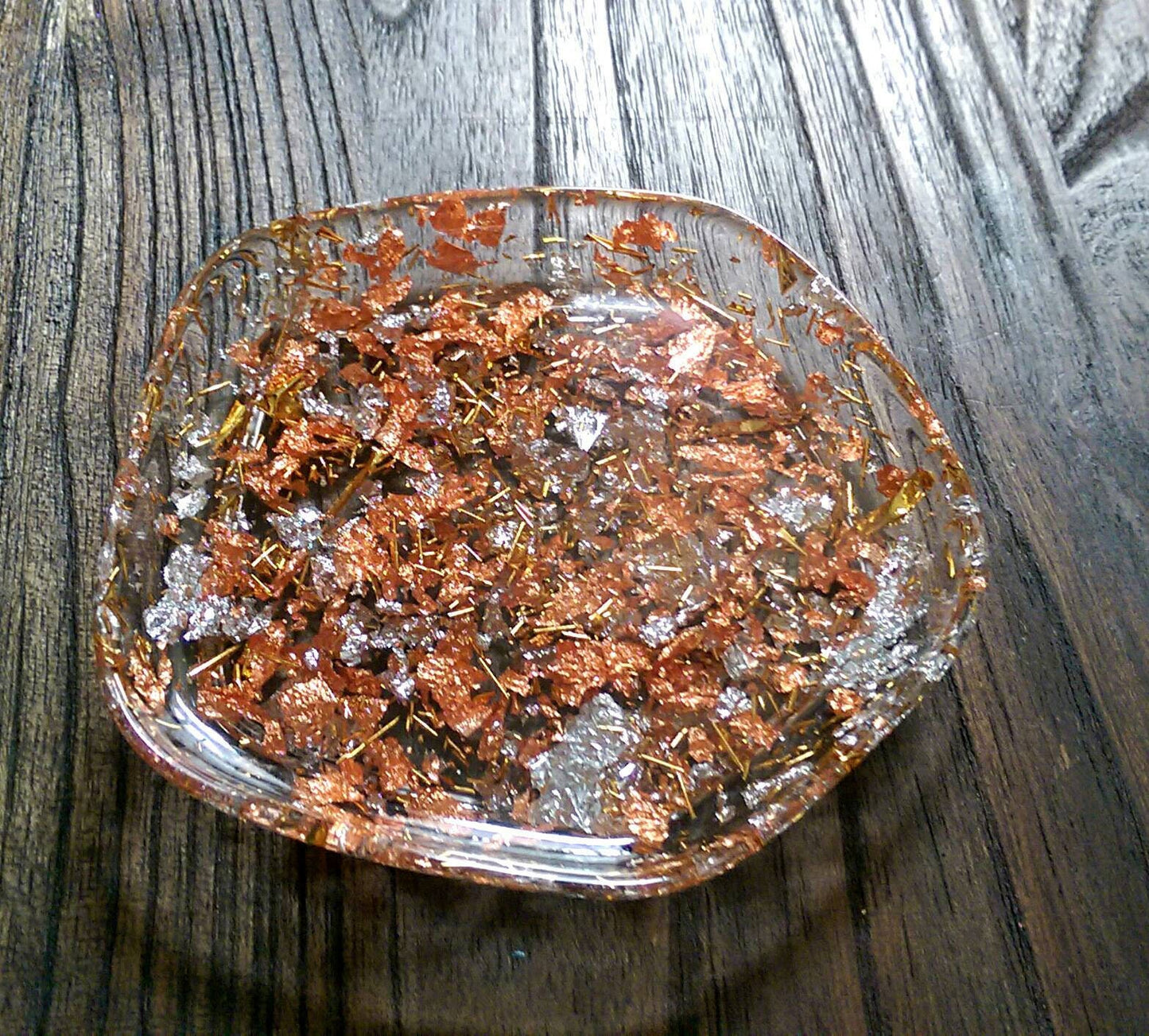 Resin Ring Dish Pentagon Design with Silver Gold and Rose Gold Leaf mix
