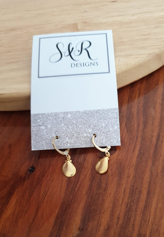 Gold Beach Earrings, Minimalist Shell Drop Earrings, Gold Stainless Steel Dangle Drops, Choose Leverback or Hook Earwire Earrings.