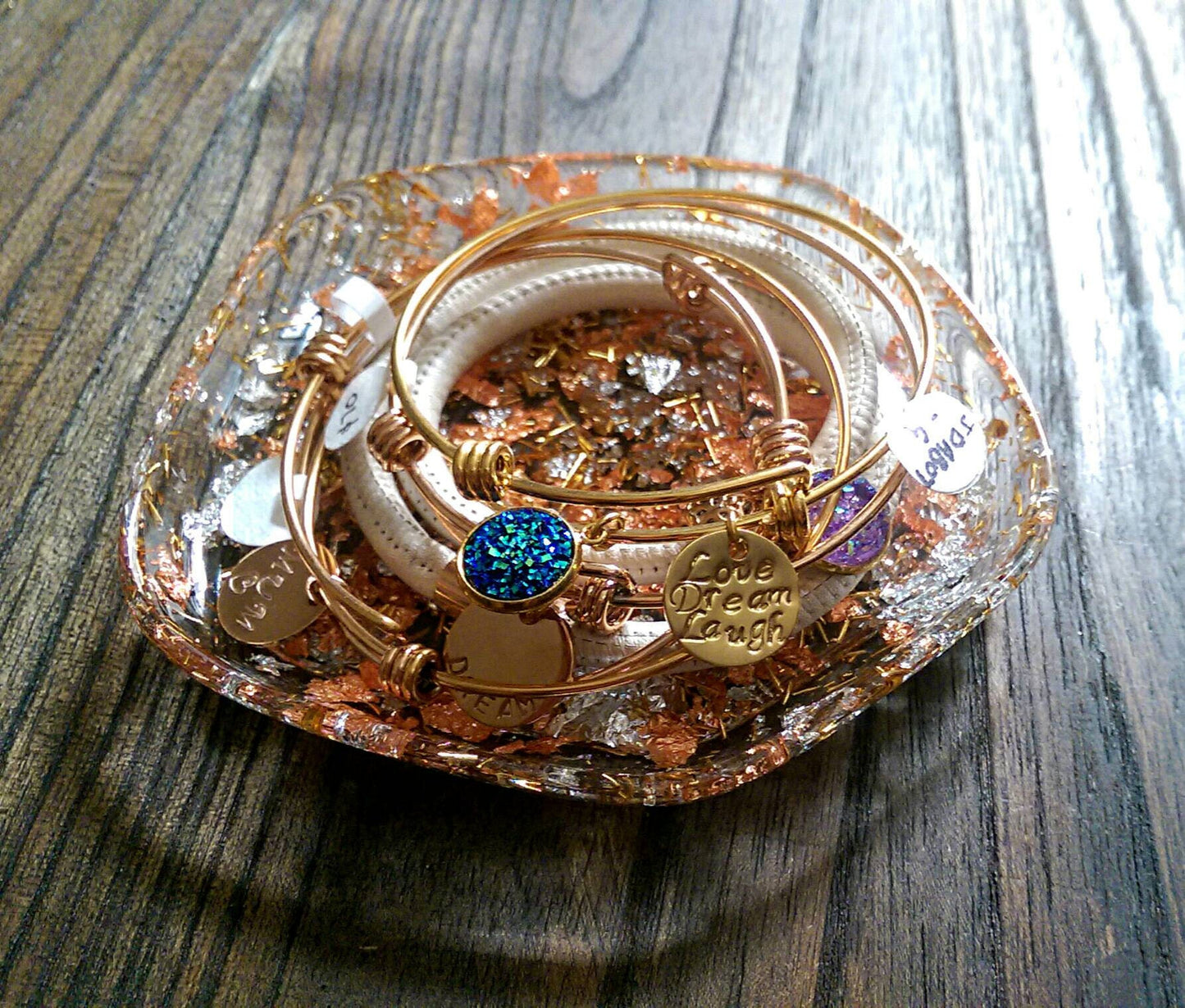 Resin Ring Dish Pentagon Design with Silver Gold and Rose Gold Leaf mix