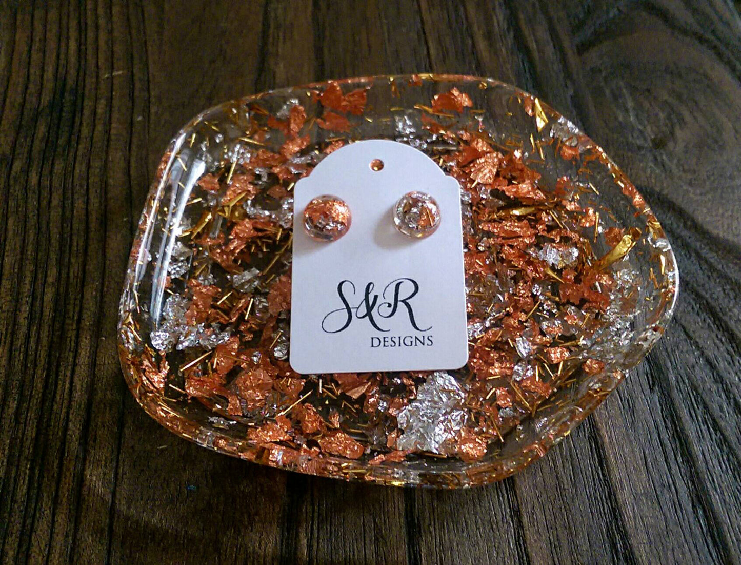 Resin Ring Dish Pentagon Design with Silver Gold and Rose Gold Leaf mix