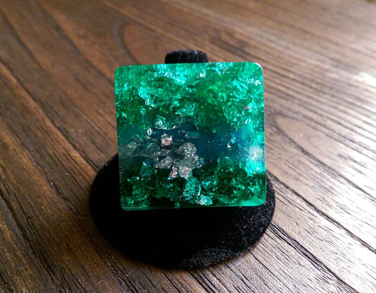 Statement Square Resin Ring, Handmade Size 7 US N AU. Green Blue Silver Leaf Ring