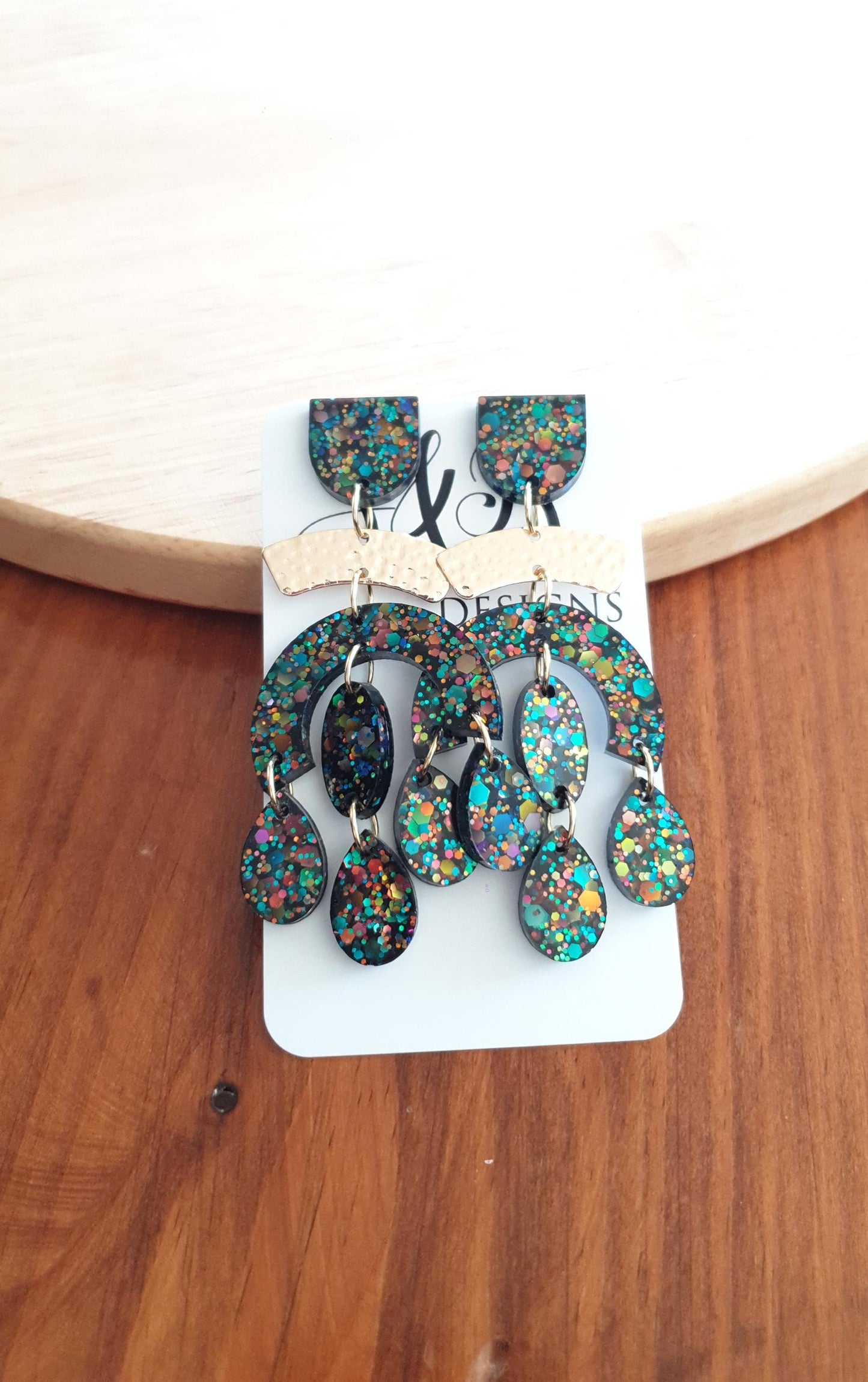 Black Rainbow Oversized Chandelier With Hammered Arch Dangle Earrings, Black Rainbow Chunky Glitter Dangles, Statement Long Glitter Earrings