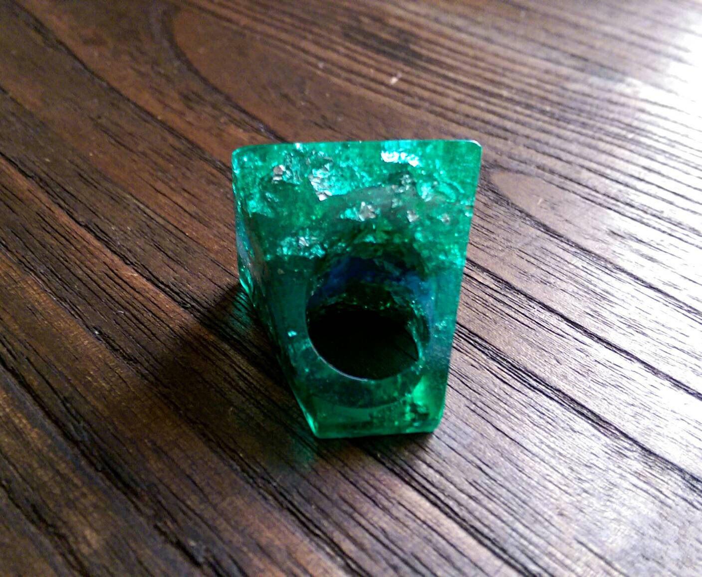Statement Square Resin Ring, Handmade Size 7 US N AU. Green Blue Silver Leaf Ring
