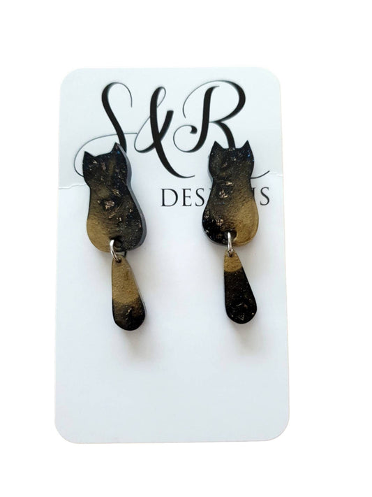 Black Gold Cat Dangle Earrings, Cat with Moving Tail Long Earrings, Black and Gold Leaf Resin Earrings, Cat Earrings Stainless Steel.