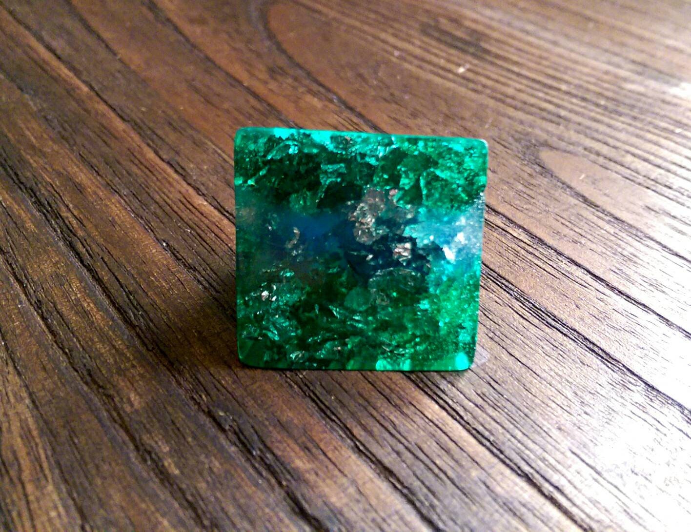 Statement Square Resin Ring, Handmade Size 7 US N AU. Green Blue Silver Leaf Ring
