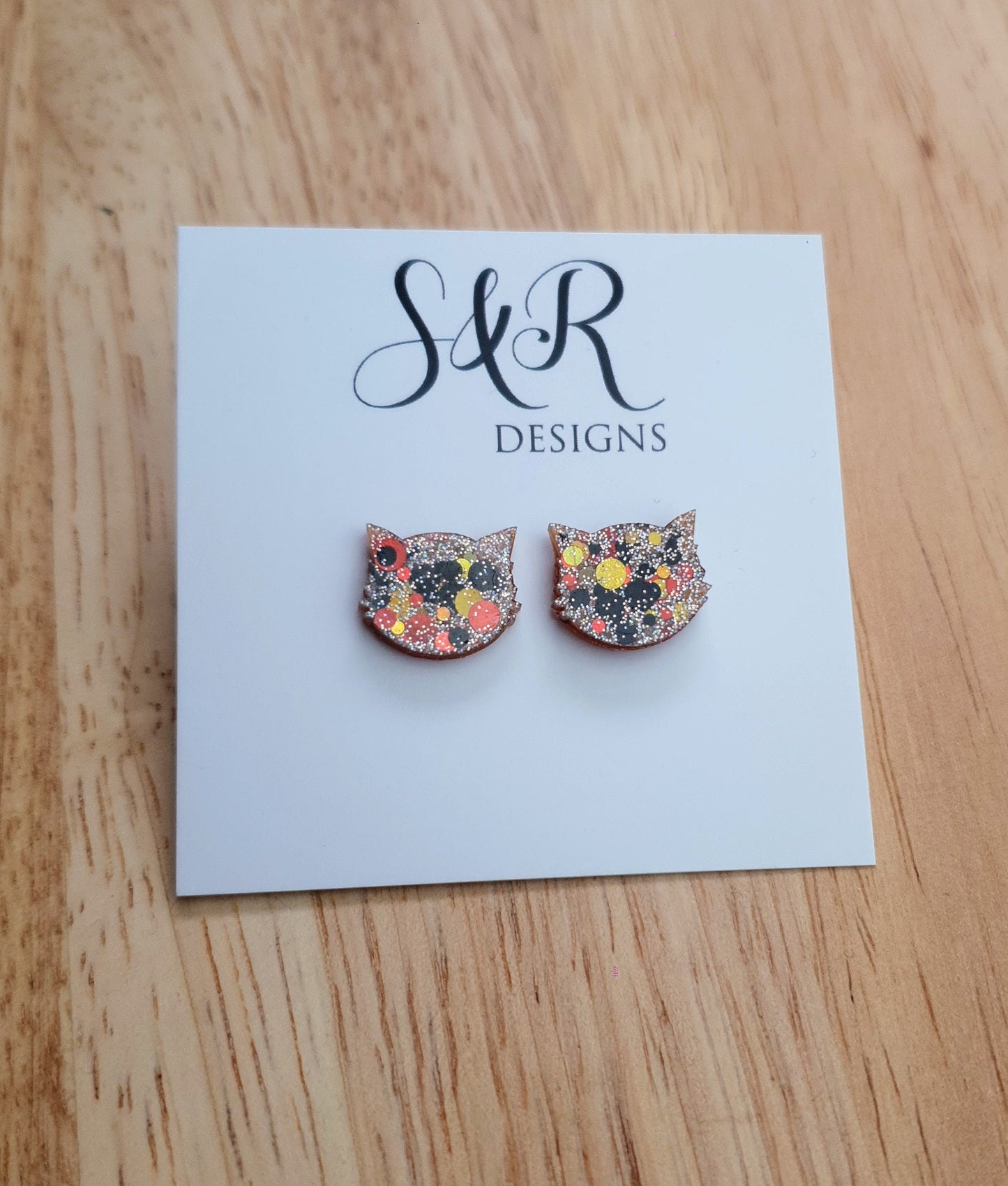 Fall Glitter Cat Stud Earrings, Orange, Black, Gold Resin, Stainless Steel