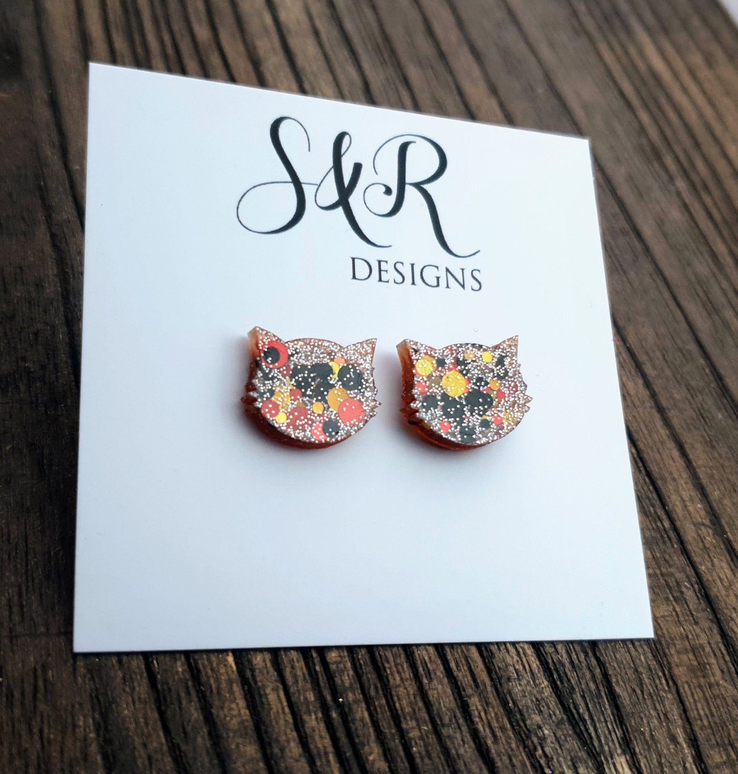 Fall Glitz Cat Earrings, Orange Black Gold Holographic Glitter Resin Stud Earrings, Cat Earrings made with Stainless Steel