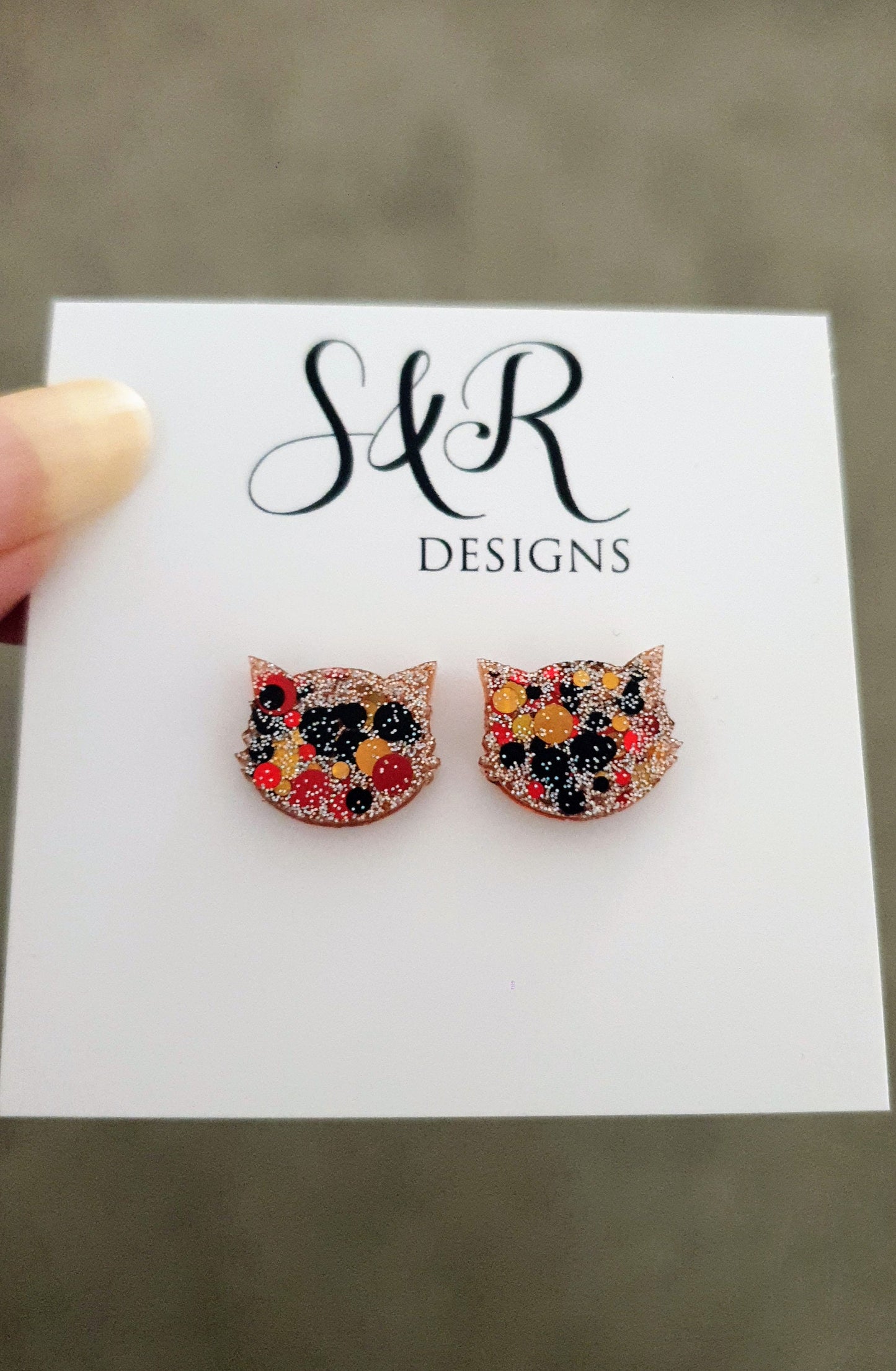 Fall Glitz Cat Earrings, Orange Black Gold Holographic Glitter Resin Stud Earrings, Cat Earrings made with Stainless Steel