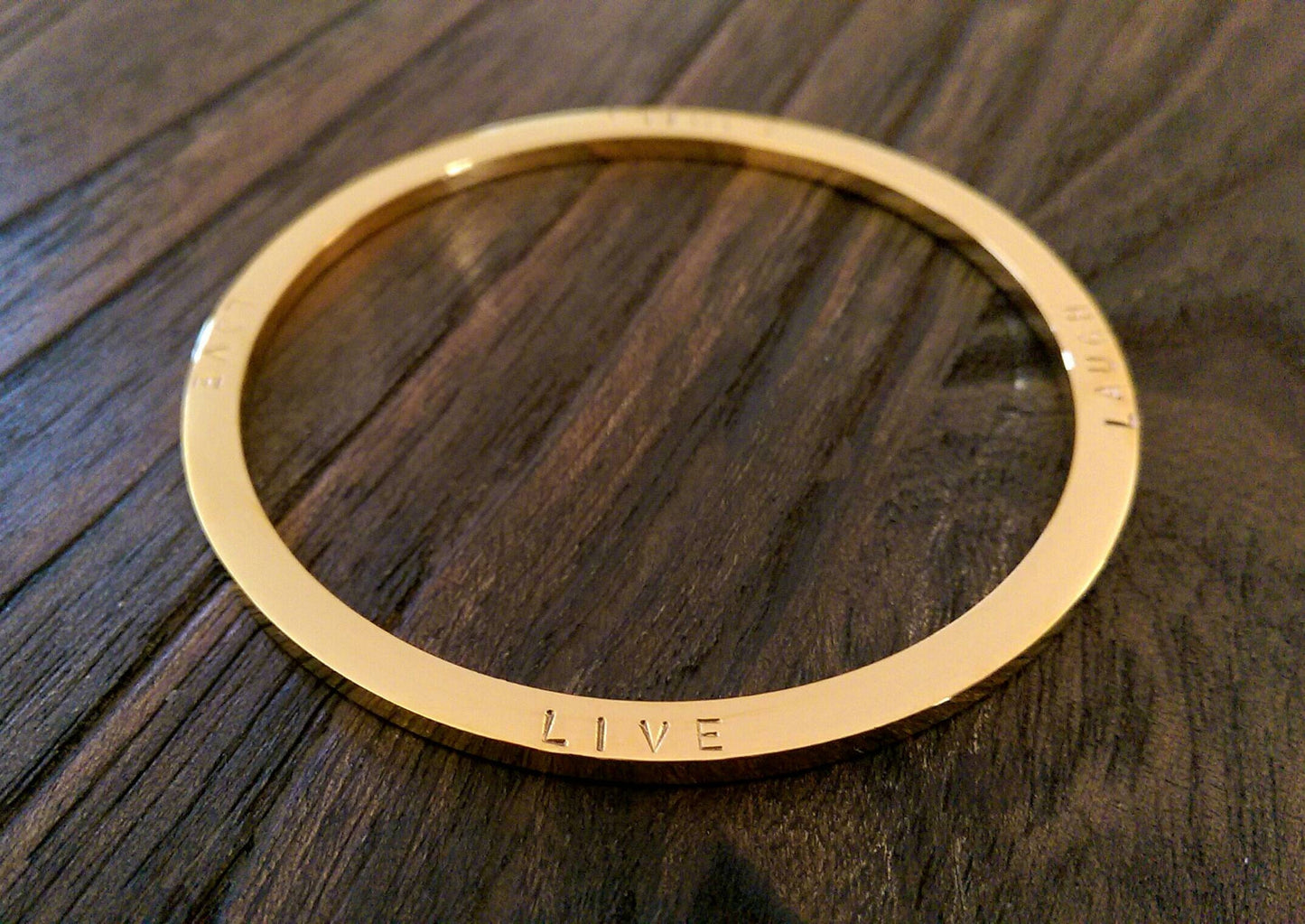 Hand Stamped Bangle Personalised Family Love Laugh Live Bangle Stainless Steel. Ready to post. Size Large 68mm inner diameter.