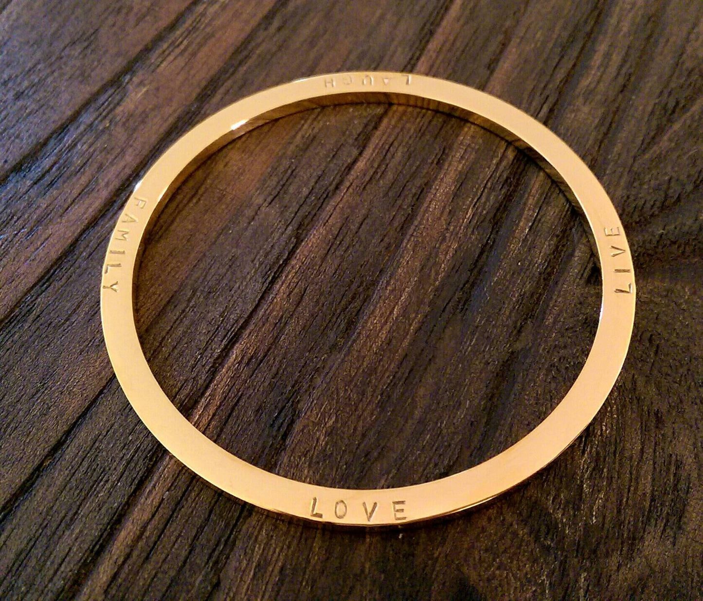 Hand Stamped Bangle Personalised Family Love Laugh Live Bangle Stainless Steel. Ready to post. Size Large 68mm inner diameter.
