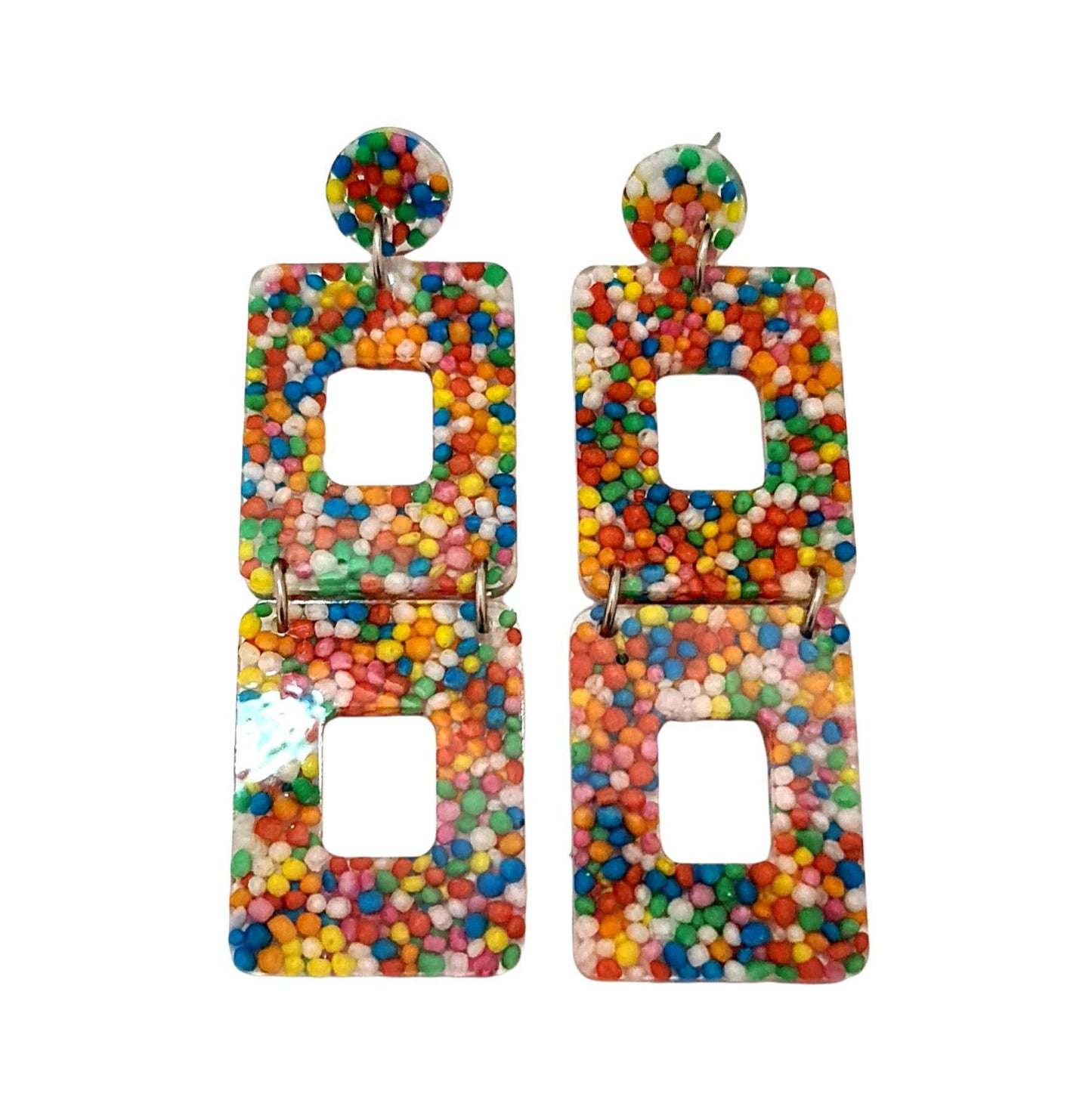 Multicoloured Square Earrings, Long Square Sprinkle Earrings, Long Resin Dangles, Candy Earrings, 100s and 1000's real candy