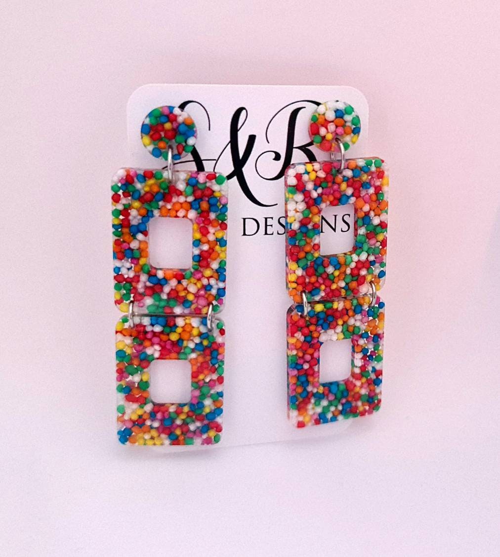 Multicoloured Square Earrings, Long Square Sprinkle Earrings, Long Resin Dangles, Candy Earrings, 100s and 1000's real candy