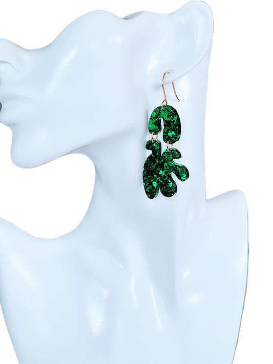 Unique Emerald Green Fluer Design Eattings, Multi Shape Dangle Long Drops, Blue Green Chameleon White Glass  Mix Glitter, Statement Handmade