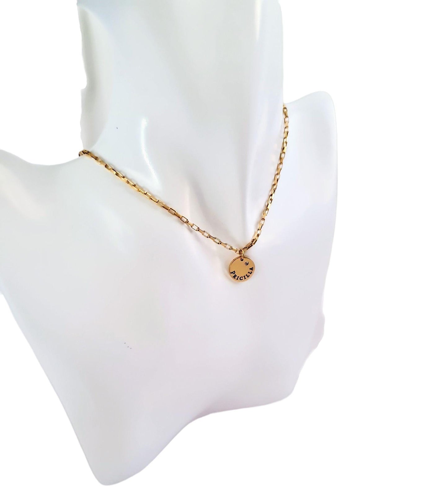 Custom Personalised Name Disc Round Necklace, CZ Circle Disc Personalized Gift, Choose colour 316 Silver or 18Ct Gold PVD. 12mm Disc
