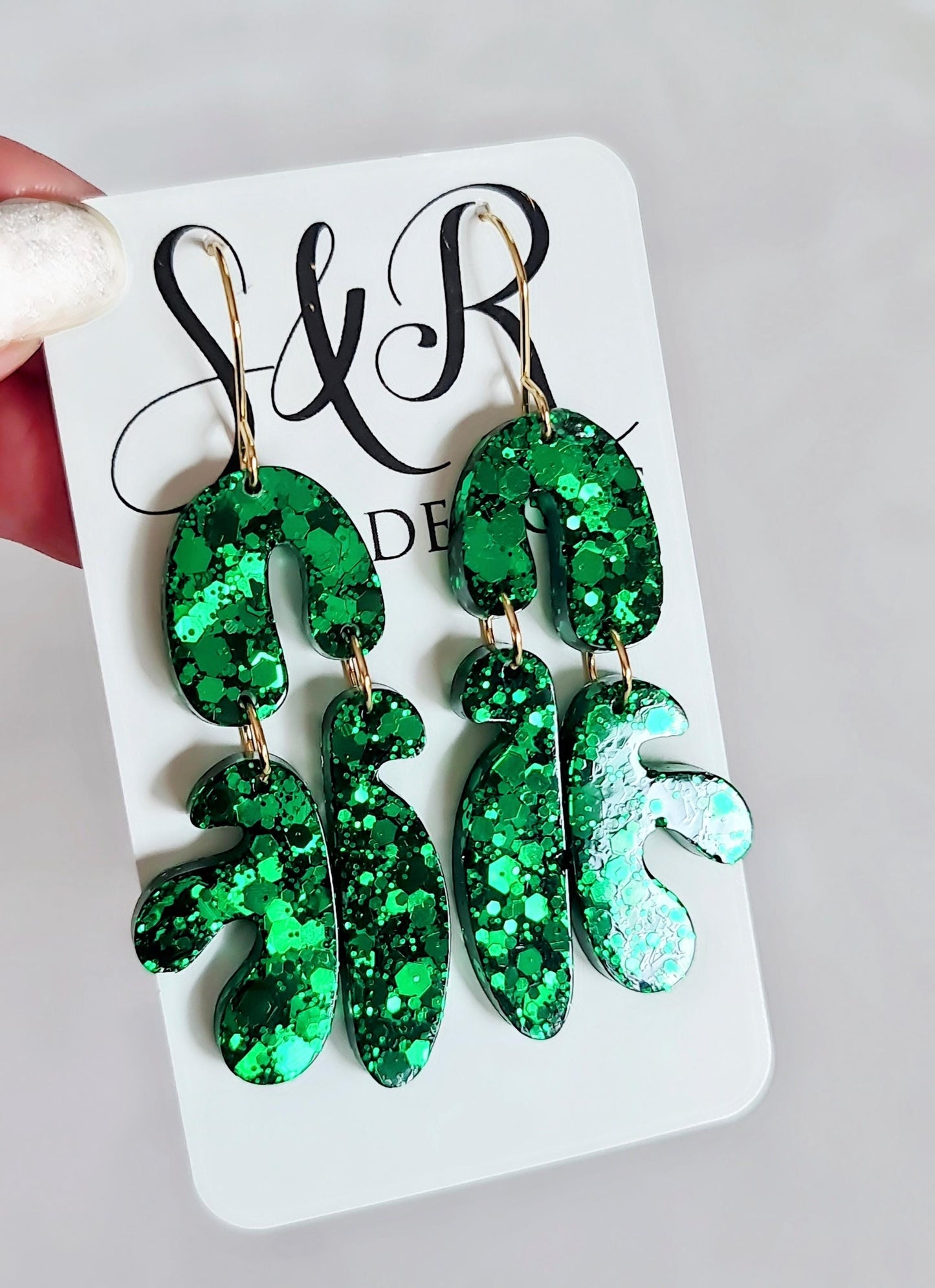 Unique Emerald Green Fluer Design Eattings, Multi Shape Dangle Long Drops, Blue Green Chameleon White Glass Mix Glitter, Statement Handmade
