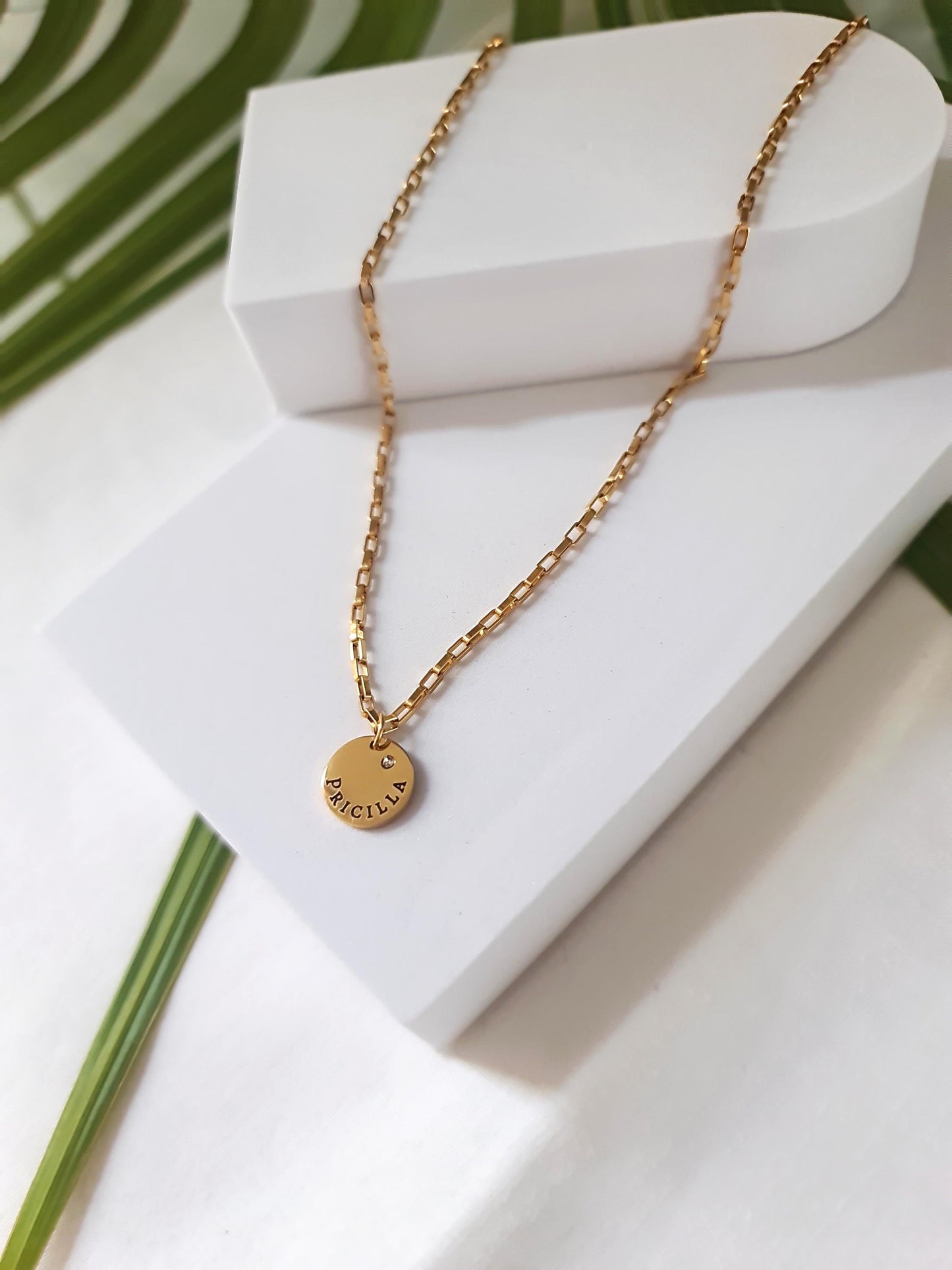 Custom Personalised Name Disc Round Necklace, CZ Circle Disc Personalized Gift, Choose colour 316 Silver or 18Ct Gold PVD. 12mm Disc