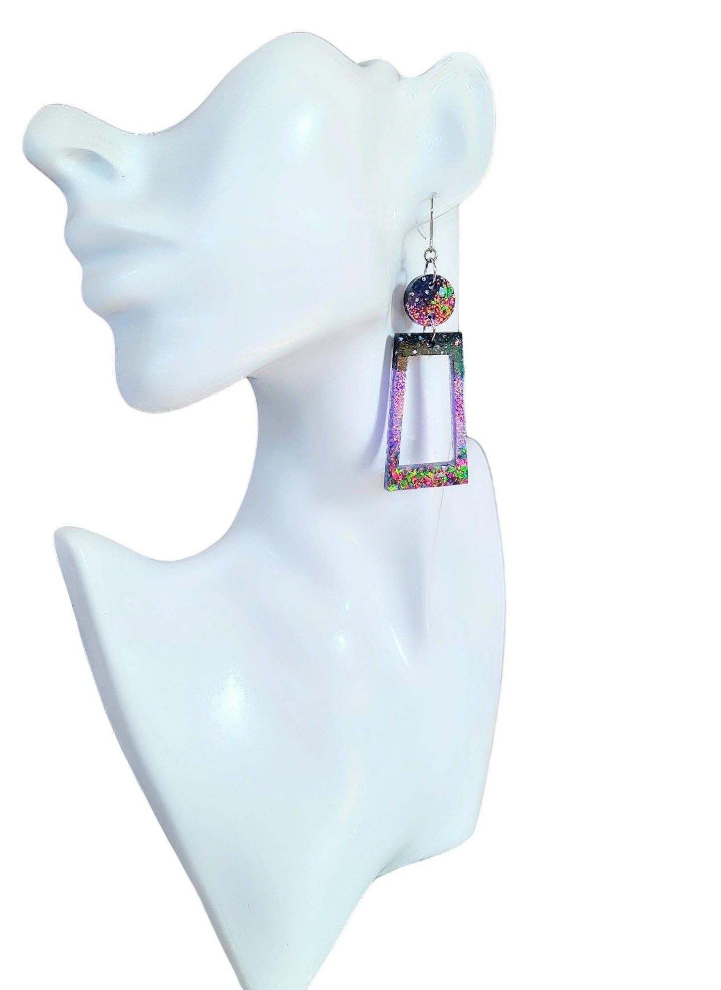 Rectangle Long Dangle Earrings, Two Tone Blue Glitter Resin Dangle Statement Earrings