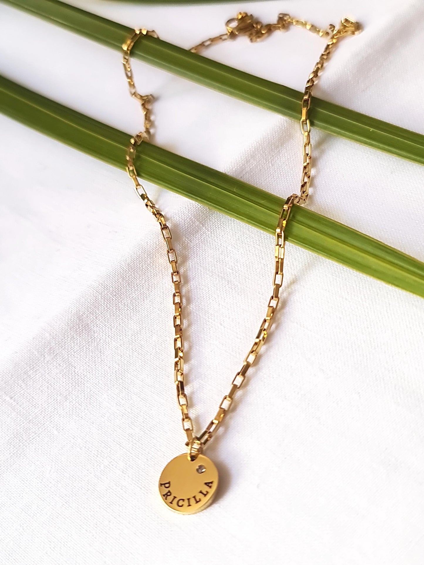 Custom Personalised Name Disc Round Necklace, CZ Circle Disc Personalized Gift, Choose colour 316 Silver or 18Ct Gold PVD. 12mm Disc