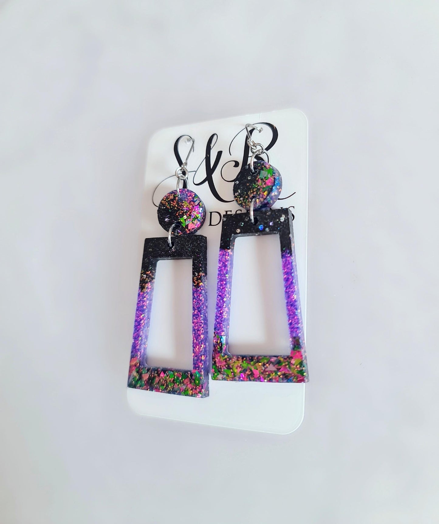Rectangle Long Dangle Earrings, Two Tone Blue Glitter Resin Dangle Statement Earrings