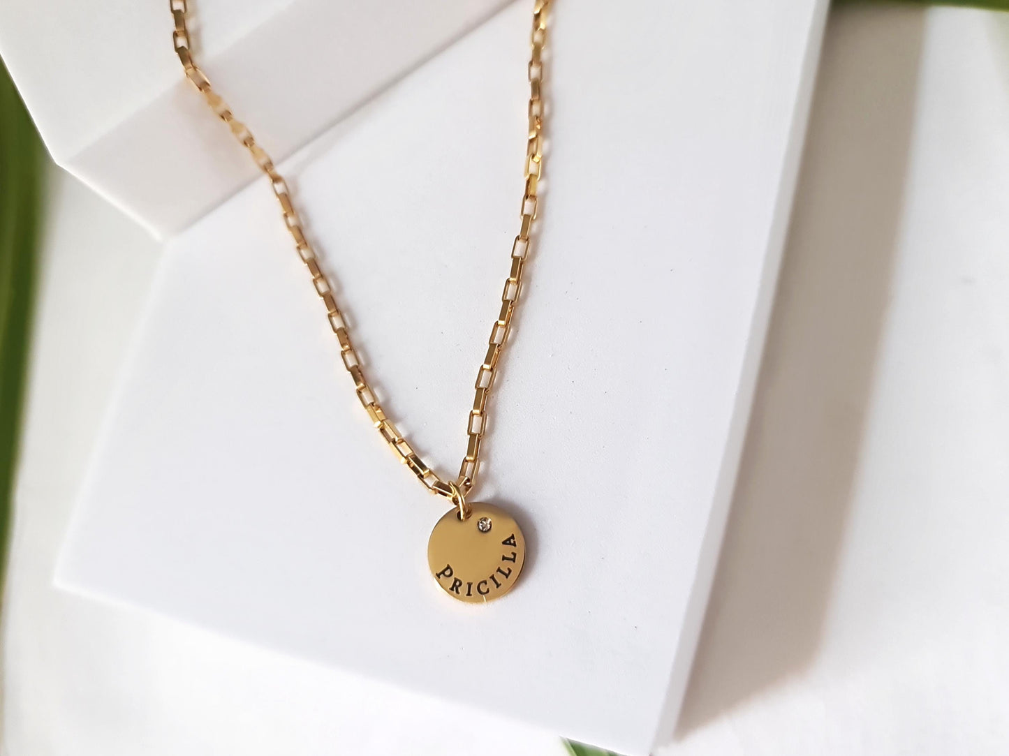 Custom Personalised Name Disc Round Necklace, CZ Circle Disc Personalized Gift, Choose colour 316 Silver or 18Ct Gold PVD. 12mm Disc
