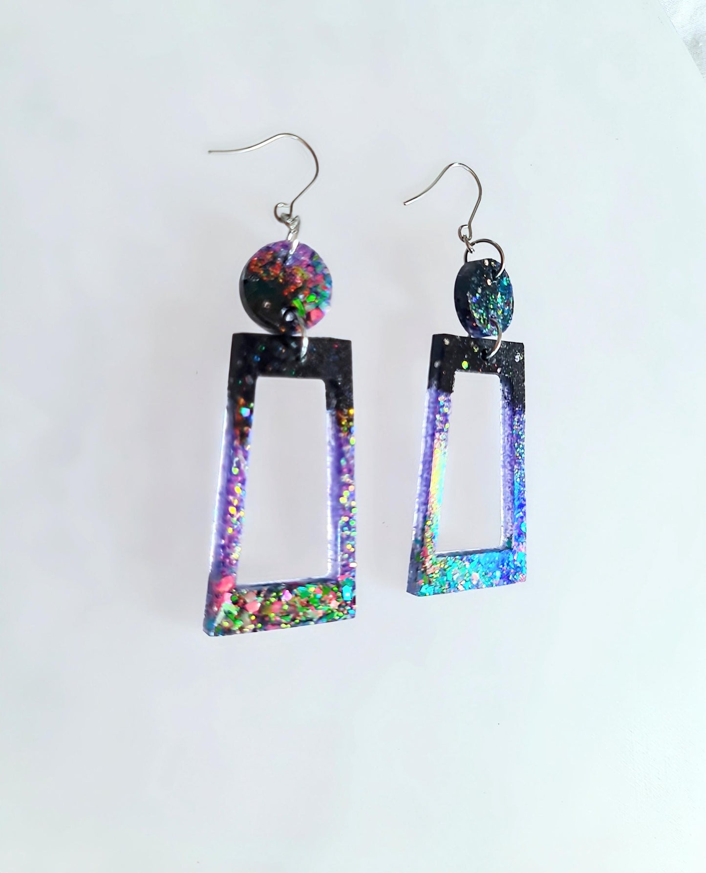 Rectangle Long Dangle Earrings, Two Tone Blue Glitter Resin Dangle Statement Earrings